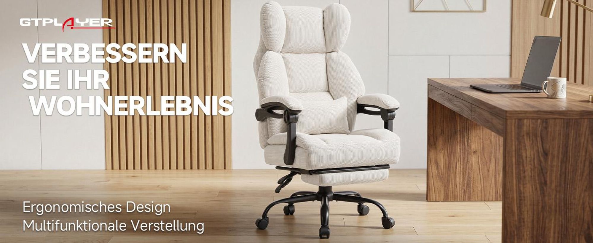 GTPLAYER Gaming Stuhl, Ergonomischer Bürostuhl mit Fußstütze und Lendenstütze, Hochlehner Chefsessel für Große, breiter Computersessel, Höhenverstellb
