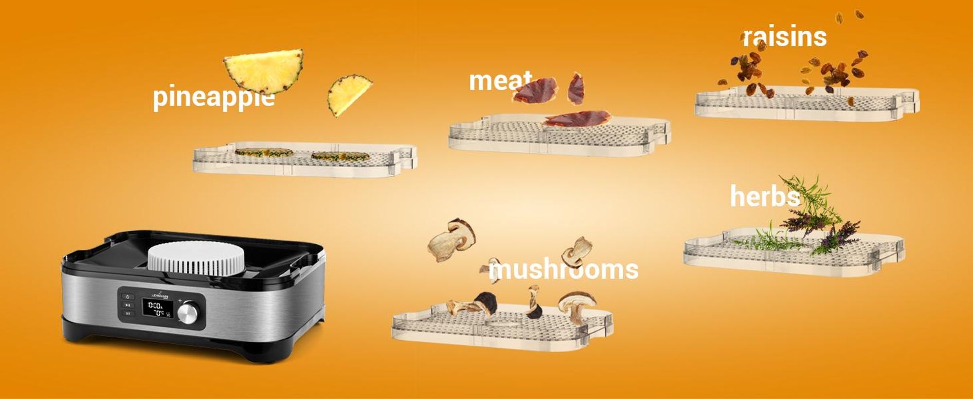 LEHMANN Déshydrateur Alimentaire, 450W, 5 Plateaux, Régulateur Température 35-70°C, sans BPA
