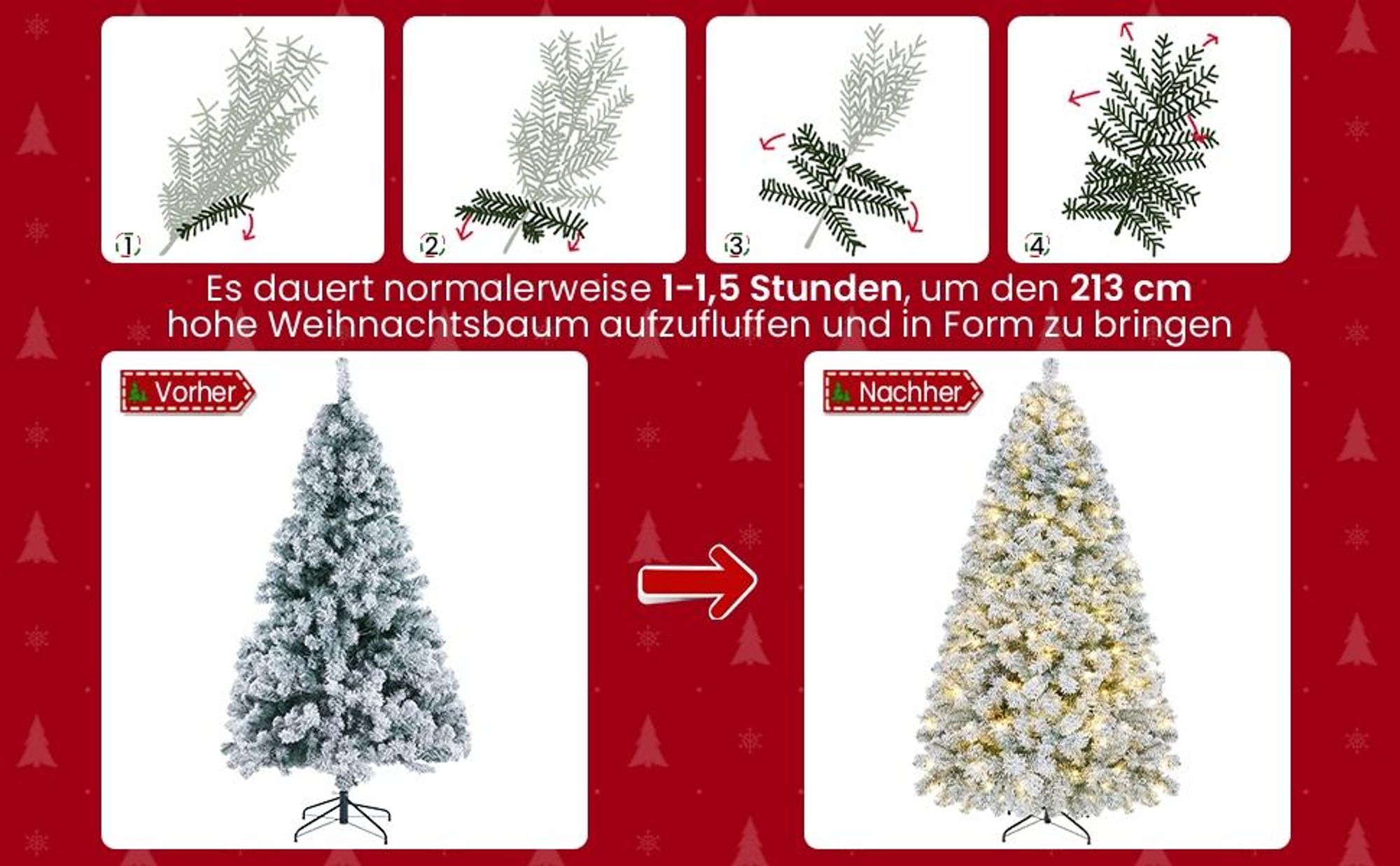 Yaheetech 213cm Künstlicher Weihnachtsbaum mit Schnee & 350 LED, ca.1000 Spitzen, Tannenbaum mit Metallständer, Weiß & Grün