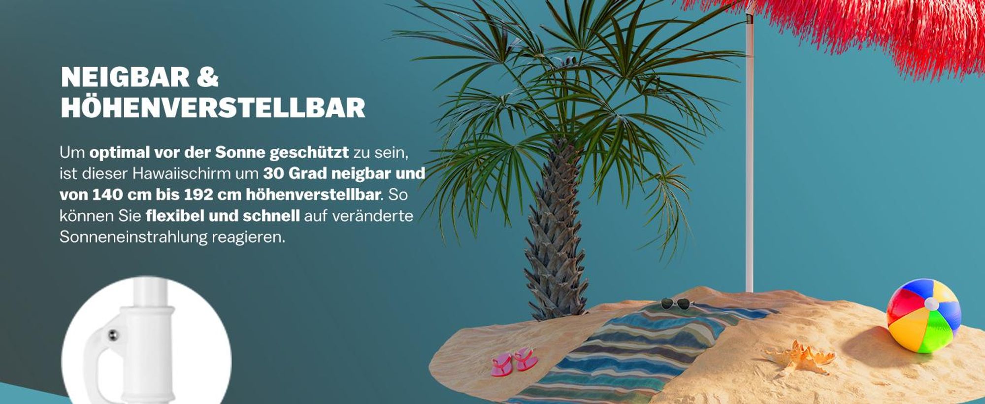 KINGSLEEVE® Sonnenschirm Hawaii Ø160cm Neigbar Höhenverstellbar UV Schutz 30+ Groß Rund Balkon Strand Strohschirm Strandschirm Bast Hawaiischirm Rot