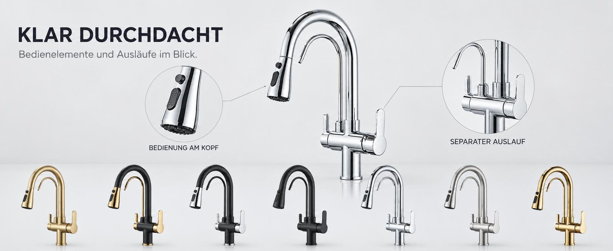 3-Wege Küchenarmatur NORDIC mit Wasserfilter-Anschluss, herausziehbare Brause, 360° schwenkbar, getrennte Wasserwege, Keramikkartusche Schwarz-matt