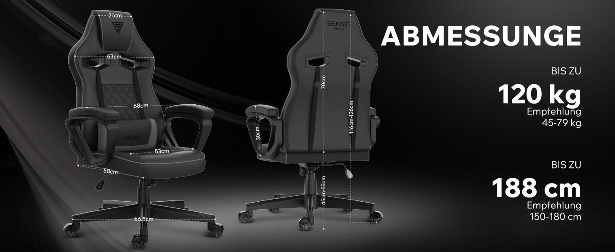 SENSE7 Knight Ergonomischer Gaming Stuhl Schwarz - PC Schreibtischstuhl Zockerstuhl Racing Computerstuhl Gamer Büro Wippfunktion bis 120 kg