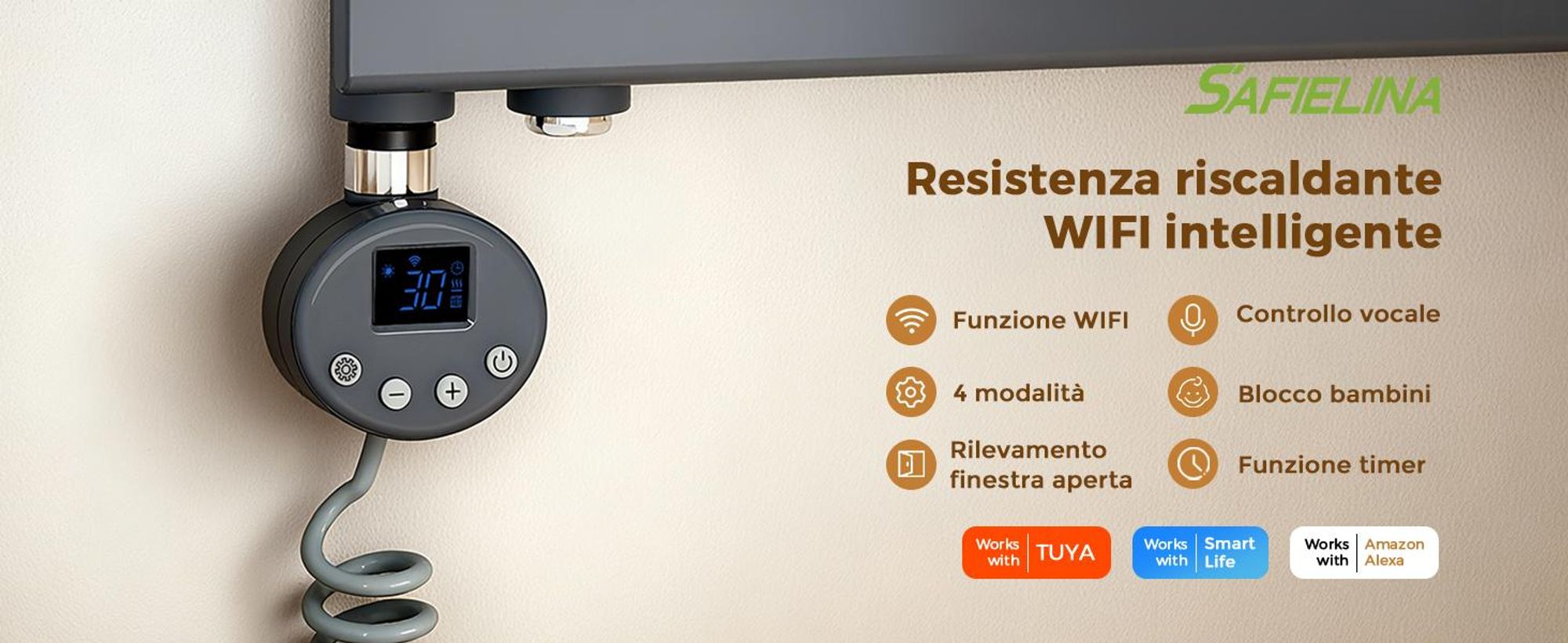 S'AFIELINA elemento riscaldante con termostato 300W, timer programmabile e display LCD, WiFi, per radiatori da bagno, acciaio inox, controllo intelligente, antracite