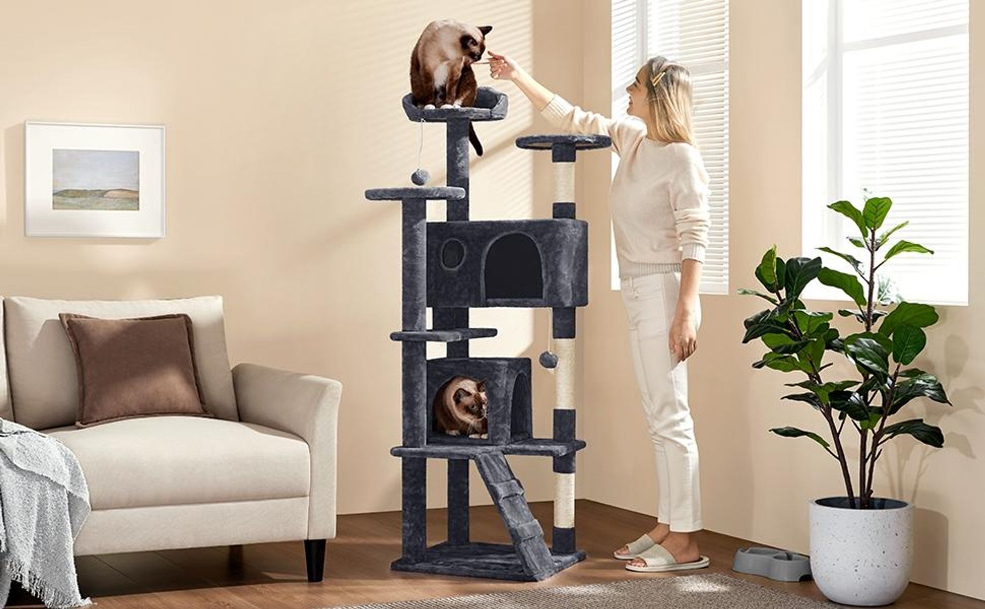 Yaheetech Kratzbaum Katzenbaum Stabiler Katzenkratzbaum Katzenmöbel, Kletterbaum für Katzen Höhe 158 cm, Dunkelgrau