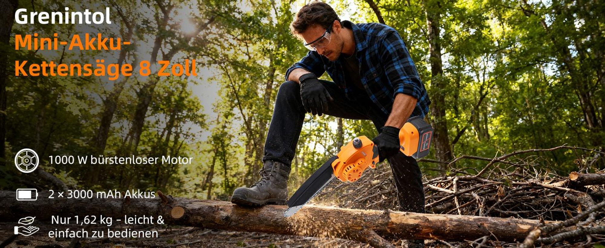 Grenintol 8 Zoll Akku-Kettensäge, 1000 W Mini Kettensäge mit 2 × 3000 mAh Akkus, Astsäge, Akku Motorsäge, Einhand-Kettensäge für Äste, Garten und Holz
