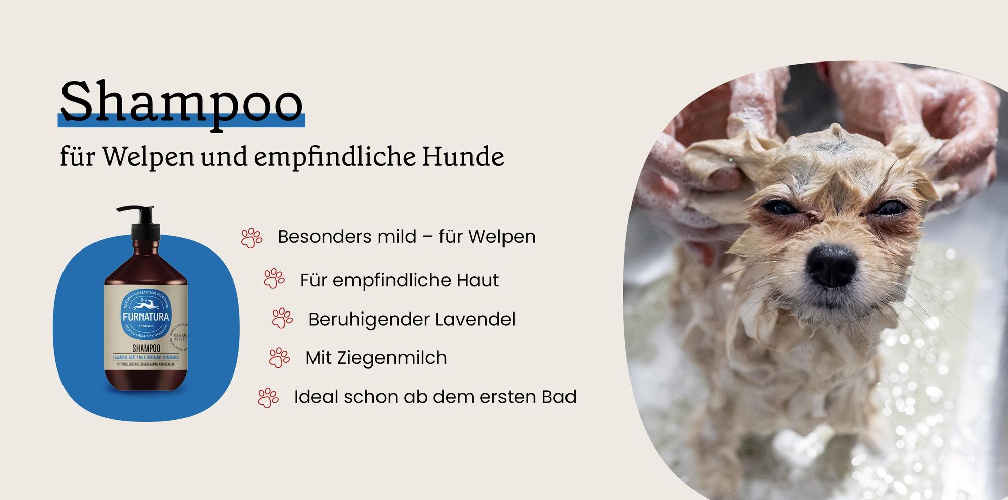 Hypoallergenes Hundeshampoo für Welpen und Hunde mit empfindlicher Haut.