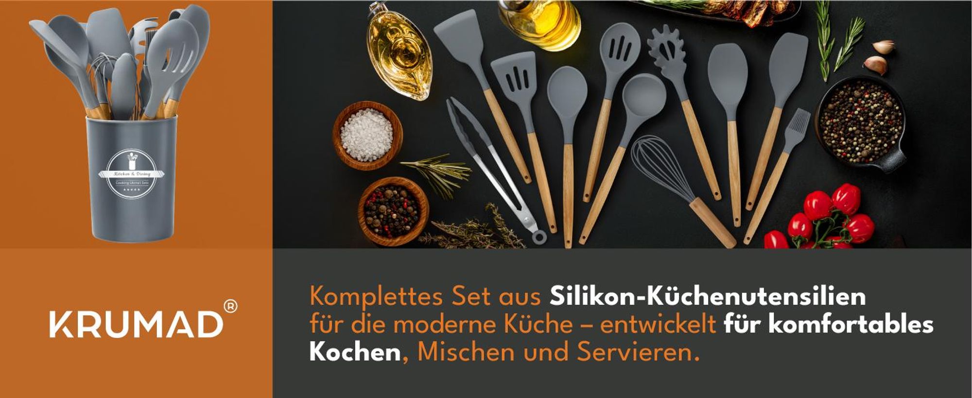 KRUMAD Silikon Küchenutensilien Set 11-teilig mit Holzgriffen, Kochbesteck Set mit Behälter, Küchenhelfer für Antihaft Pfannen, Grau