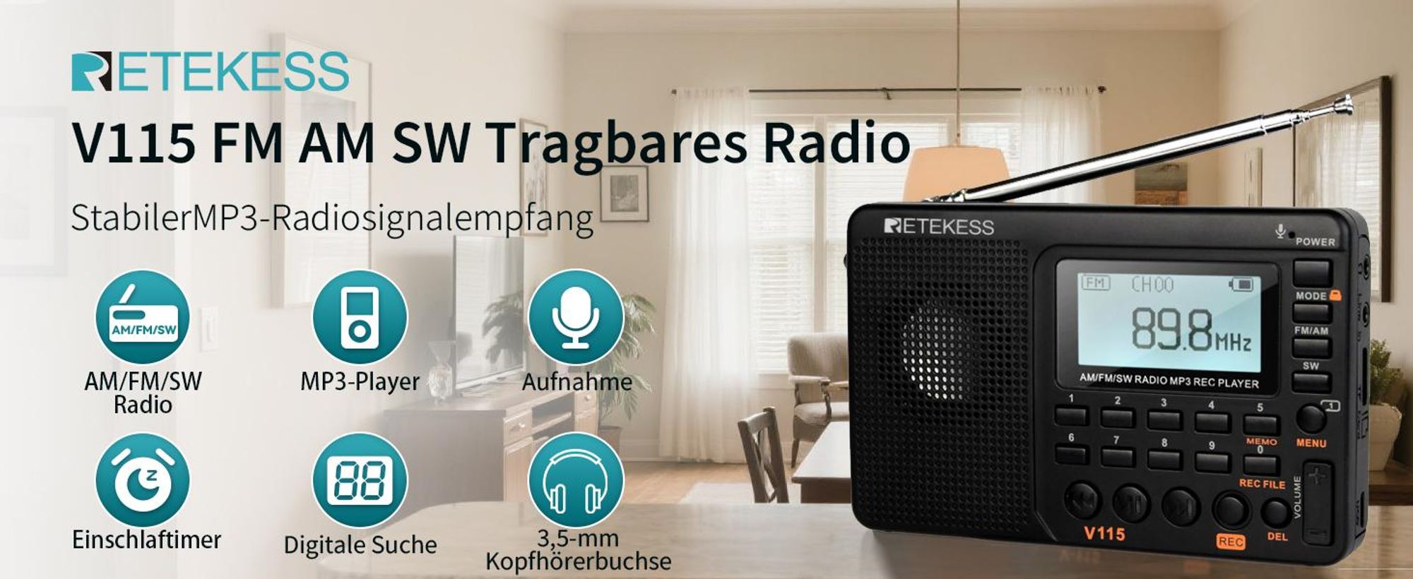 Tragbares Digitales Radio Retekess V115, Notfallradio Batteriebetrieben, AM FM SW, 100 Stationsspeicher, Küchenradio für Garten Retro, Schwarz