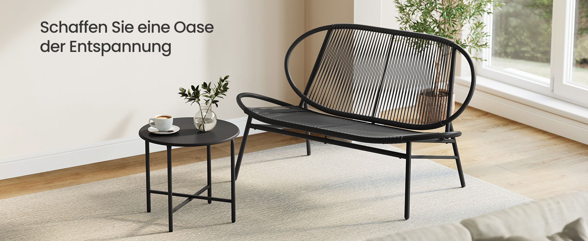 Songmics Gartenlounge-Set, Gartenbank, 2-Sitzer, Balkonbank, PE-Rattan, mit Rückenlehne