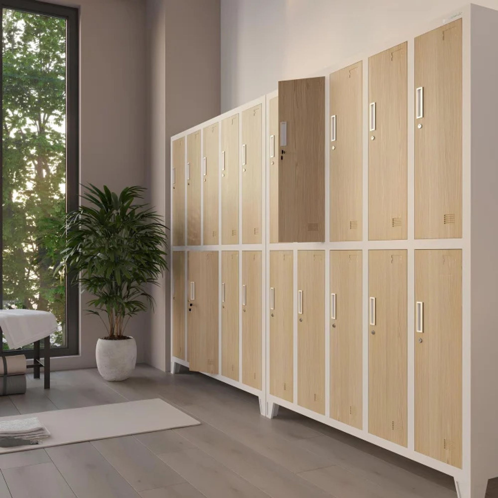 Umkleideschrank 5B2A Spind Spint Schließfachschrank Metallschrank mit 10 Fächern Etikettenhalter Lüftungsschlitze Metall Pulverbeschichtet 172 cm x 136 cm x 45 cm (H x B x T) Farbe: Weiß-Holzoptik