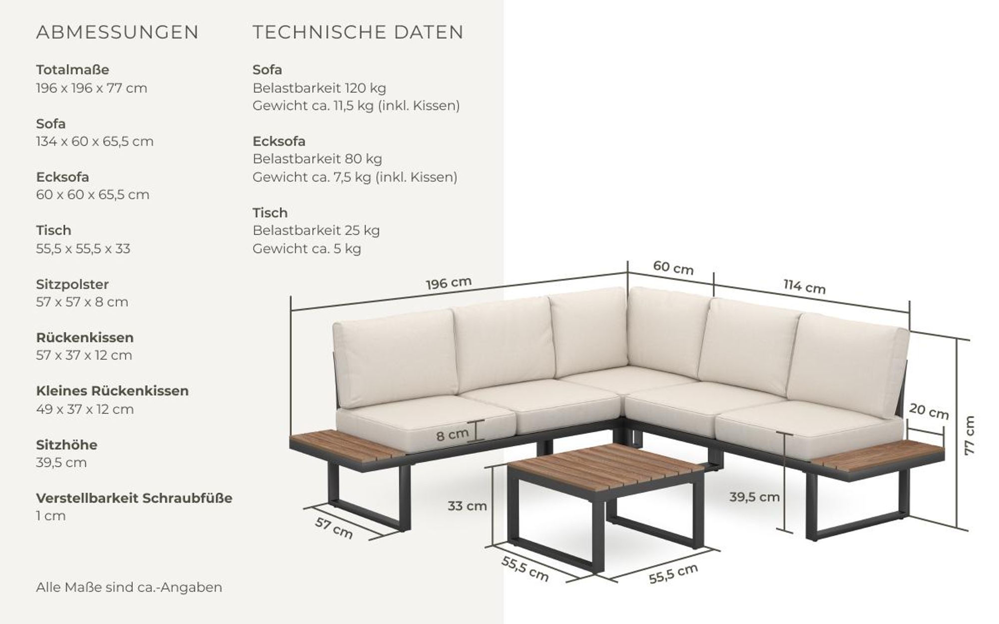 tectake® Aluminium Garten-Lounge-Set Eliar mit Pulverbeschichtung, wetterfest