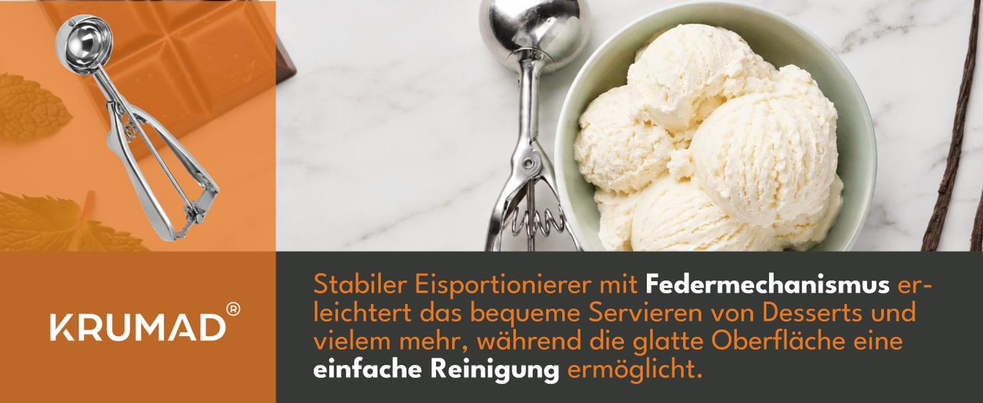 KRUMAD Eisportionierer Edelstahl mit Auslöser, Eislöffel für Eiscreme und Keksteig, Eiskugelformer mit Federmechanismus