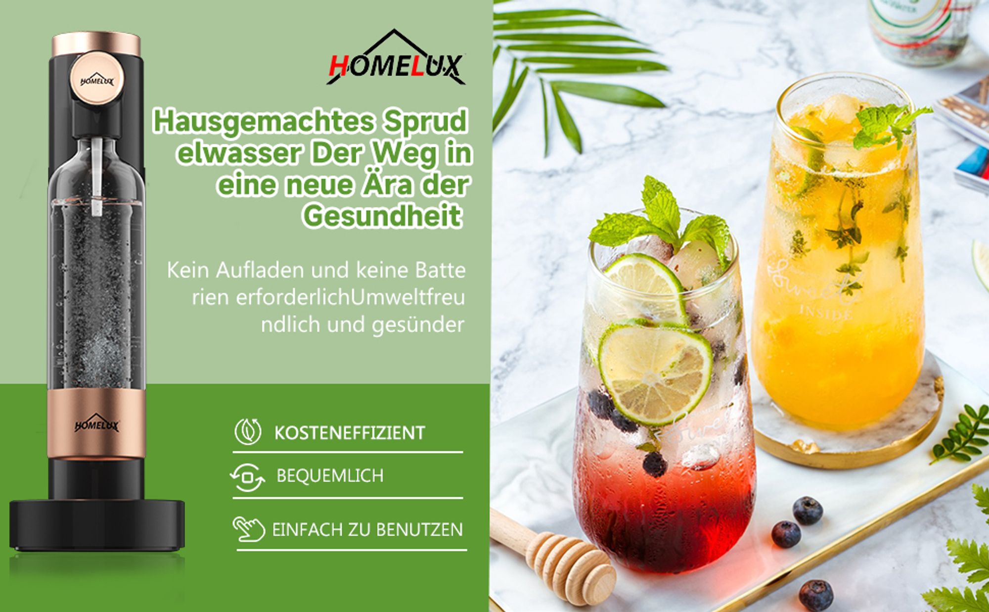 HOMELUX Wassersprudler, Sprudelwasser Maschine Mit 2 x 1L PET-Flaschen Bpa-Frei, Soda Maker, Wasser Sprudel GeräT, Water Carbonator, Schwarz