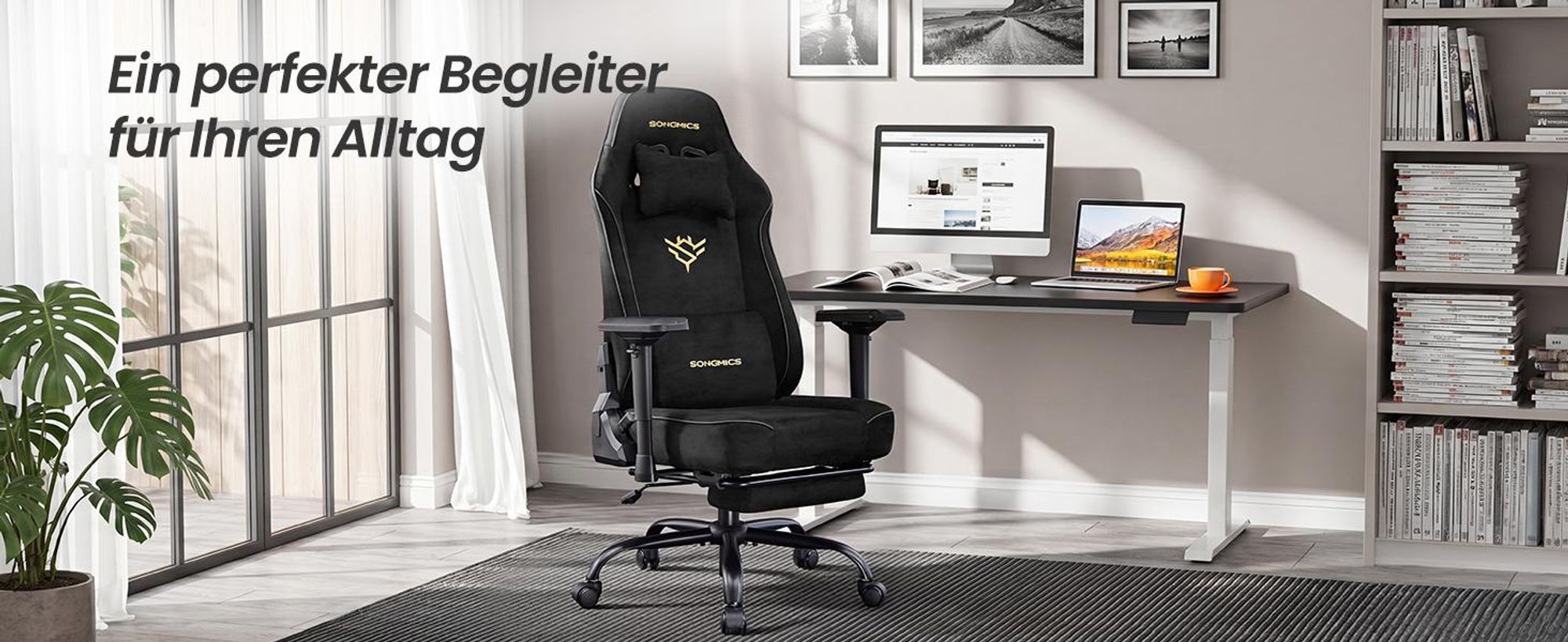 SONGMICS Gaming Stuhl aus WildKunstleder mit Fußstütze und 4D-Armlehnen, bis 200 kg, 72 x 72 x (125-135) cm, Schwarz
