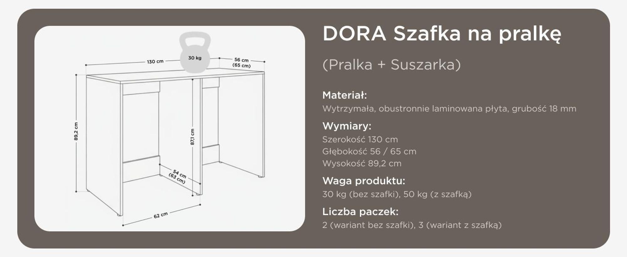 DORA szafka na pralkę o szerokości 130 cm