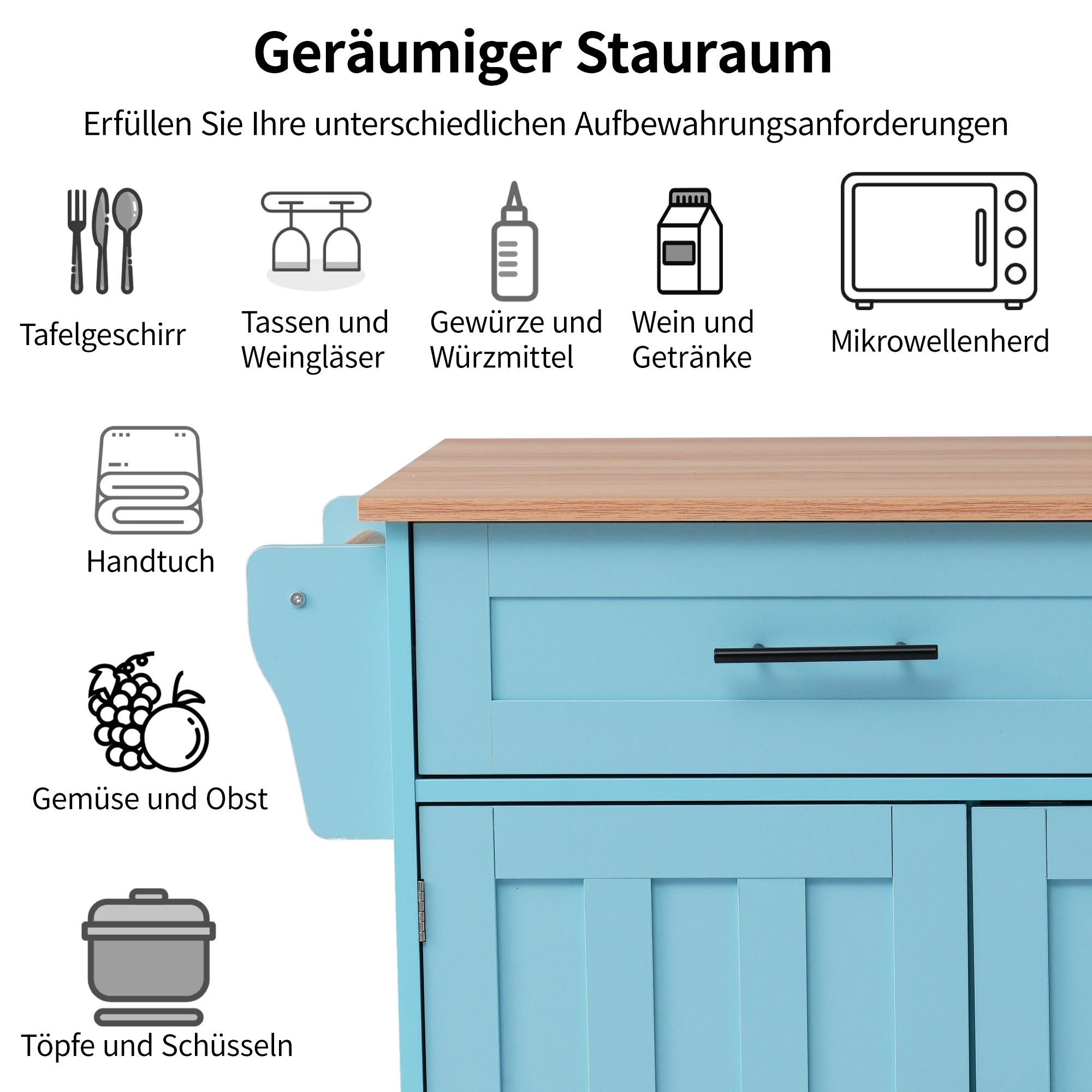 Merax Küchenwagen mit erweiterbarer Arbeitsplatte, Kücheninsel mit 5 Rollen, Servierwagen Küchenschrank Küchentrolley, 129x46(71)x91,5 cm, Blau