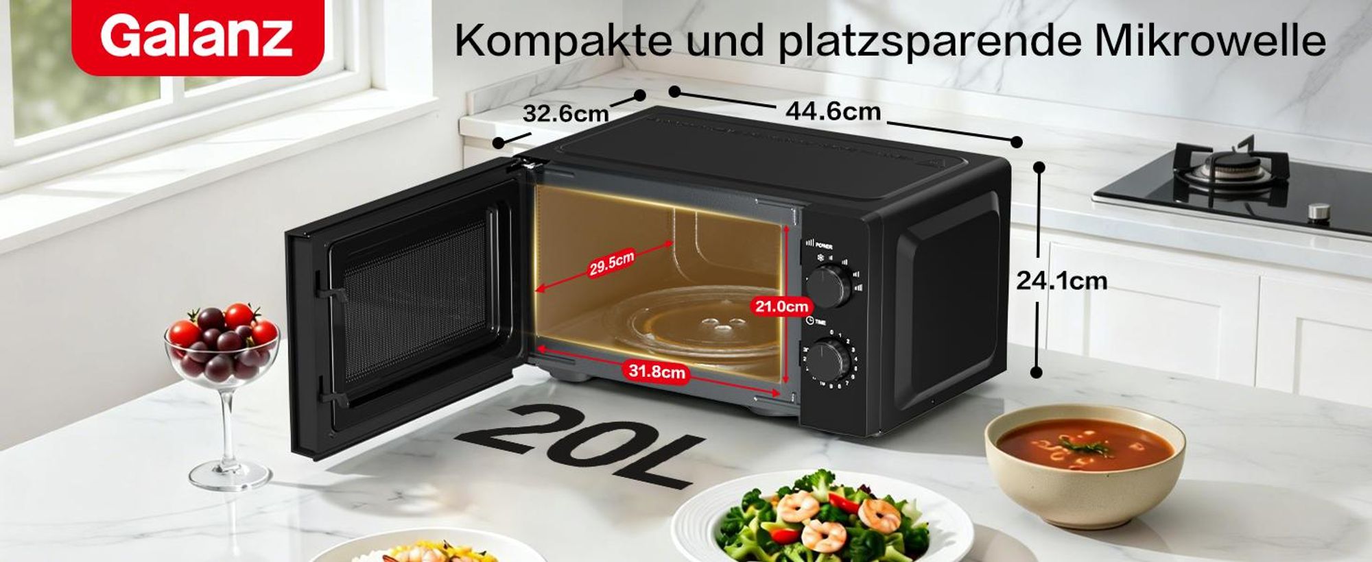 Galanz Mikrowelle 20L Schwarz 700W mit Auftaufunktion, 6 Leistungsstufen und Glasdrehteller