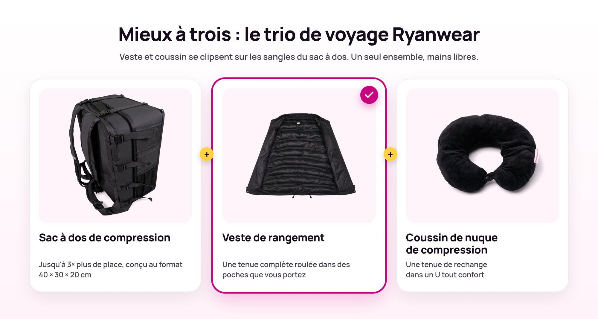 Sac à dos de compression Ryanwear avec Veste de rangement et Coussin de nuque clipsés dessus