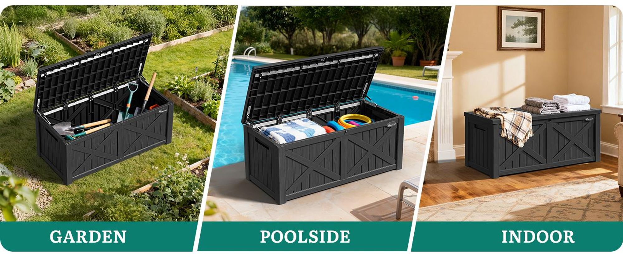 YITAHOME Aufbewahrungsbank 450L, Auflagenbox, Gartenbox mit Deckel, Wetterfeste Outdoor-Sitzbank, Schwarz