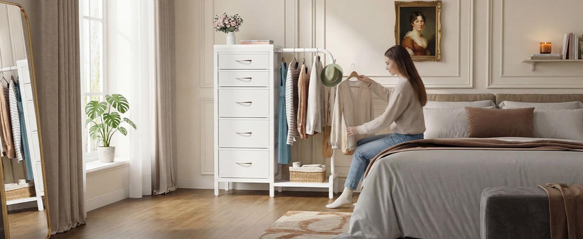 Standgarderobe Garderobenständer Kleiderständer Garderobe mit 5 Stoff Schubladen, Kommodeschrank mit Kleiderstange