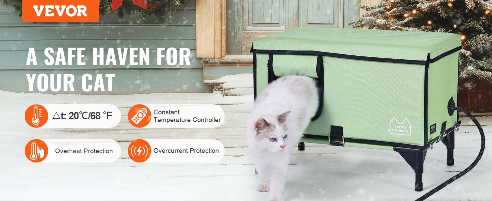 VEVOR Erhöhtes Beheiztes Katzenhaus, Kubisches Kätzchenunterkunft mit Einstellbarer Temperatur und Timer, 900D Oxford-Stoff Faltbare Katzenunterkunft mit Heizkissen für den Winter, um Warm und Gemütlich zu bleiben, Grün (Mittel), Große Größe