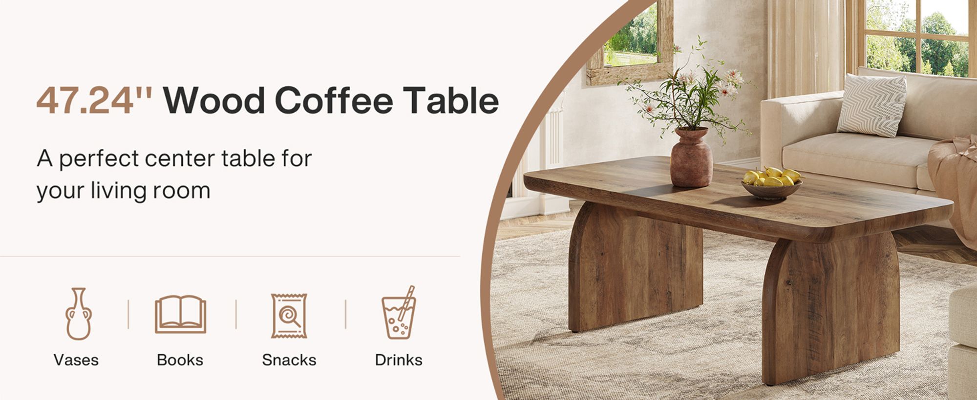 Tribesigns Rechteckiger Couchtisch, Cocktail-/Teetisch Holz mit abgerundeten Kanten für moderne Wohnzimmer Mid-Century-Stil 120 x 50 x 60 cm, braun