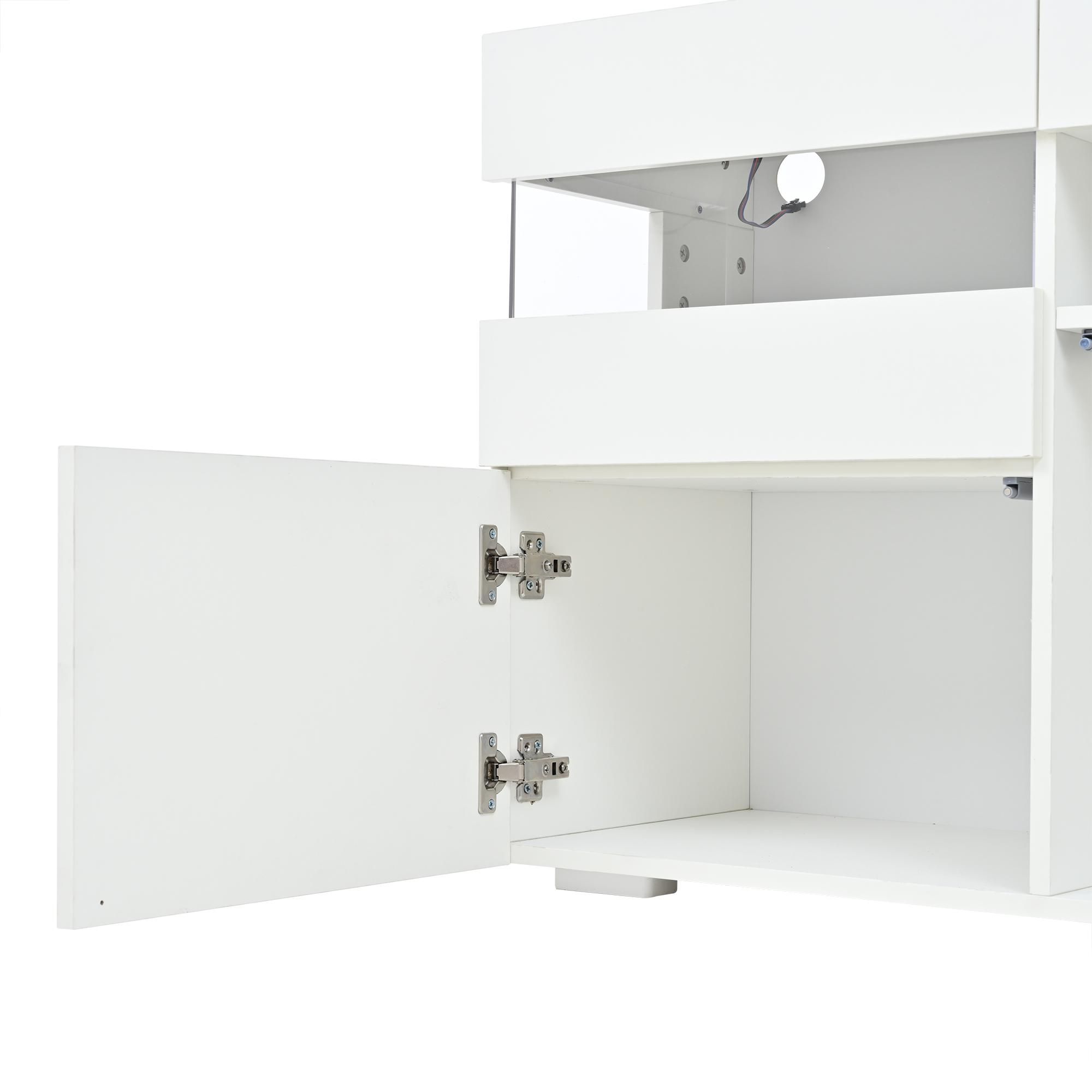 Merax Hochglanz Sideboard mit LED und 3 Türen, Kommode mit 7 Ablagefächern und transparentem Acryl, Wohnzimmerschrank mit Anti-Kipp-Schutz, Weiß