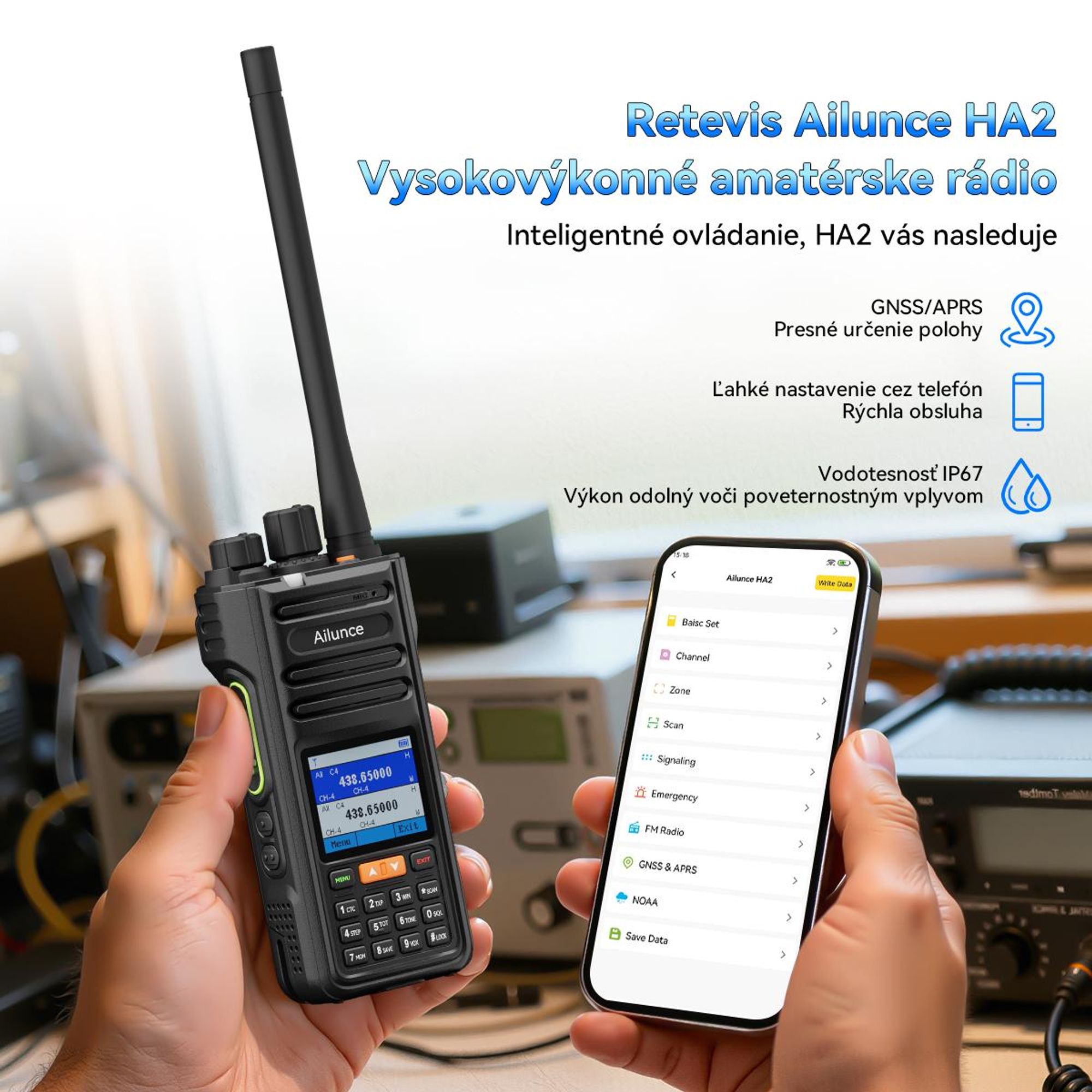 Retevis Ailunce HA2 Bluetooth rádio, rádioamatérske, APP ovládanie, APRS/GPS, rýchle nabíjanie, IP67 vodotesné, 2800mAh, SOS, pre rádioamatérov
