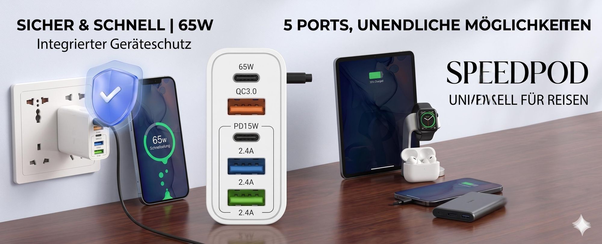65W Schnellladegerät mit 5 Anschlüssen, Universeller Reise Ladegerät, USB C Ladegerät - SPEEDPOD