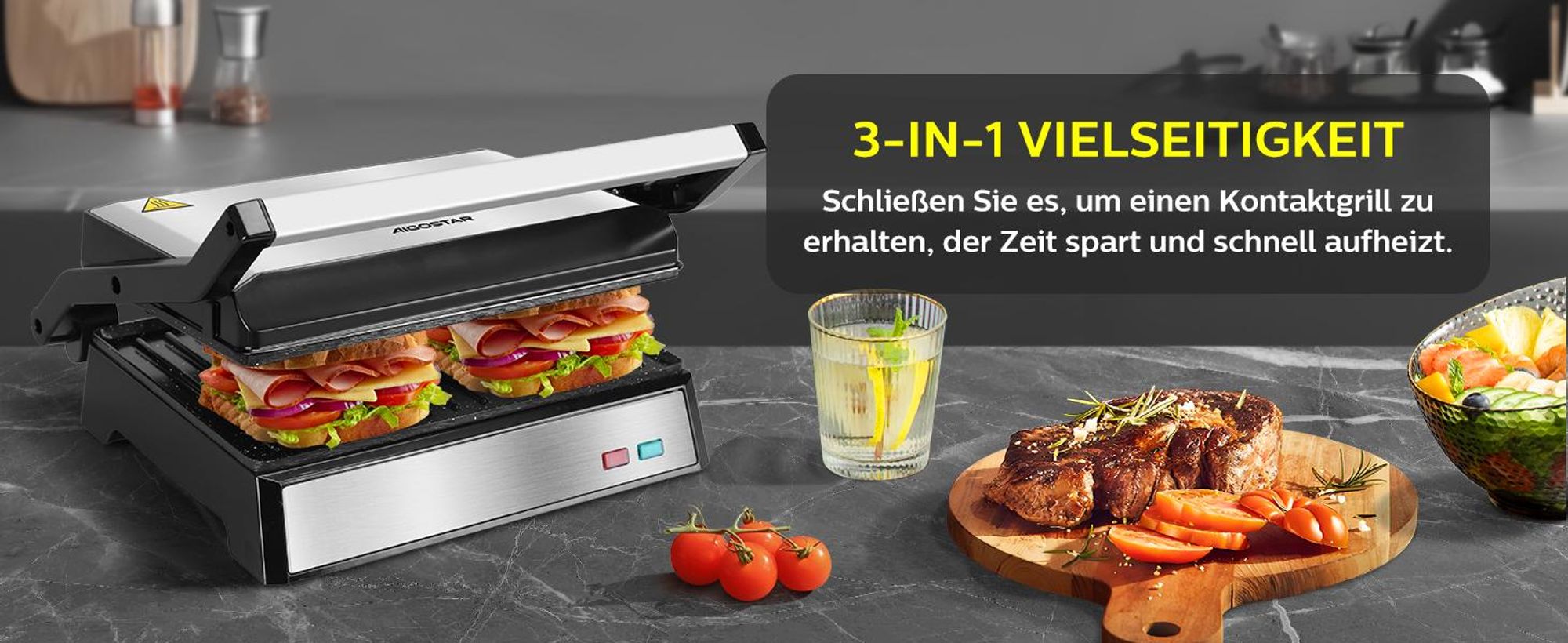 Aigostar - Paninigrill Kontaktgrill für Sandwiches, Panini Grill, Sandwichmaker, BPA frei , 1500W , Schnelles und gleichmäßiges Erhitzen, 180° Öffnung