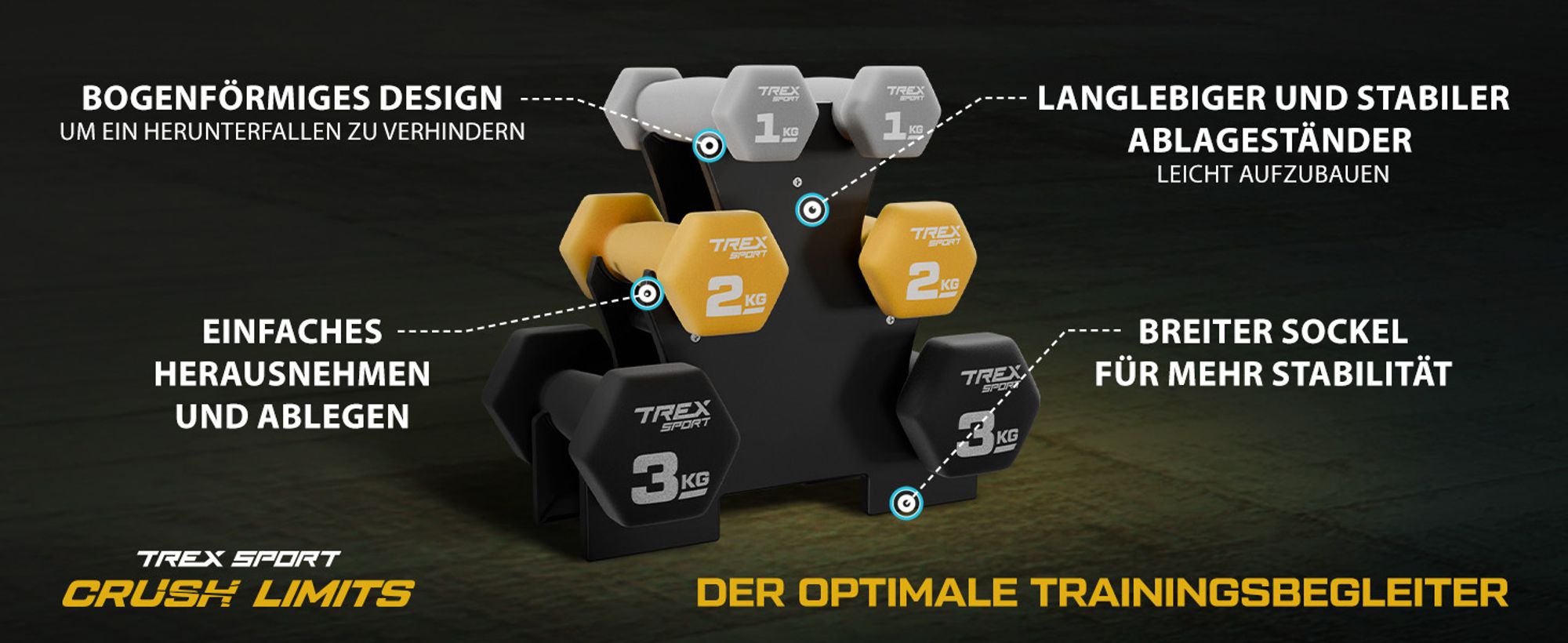 TREX SPORT Neopren Kurzhanteln 6er Set mit Ständer TX-V120VS | Hantelset 1 kg, 2 kg, 3 kg für Krafttraining | aus Gusseisen, rutschfest, platzsparend
