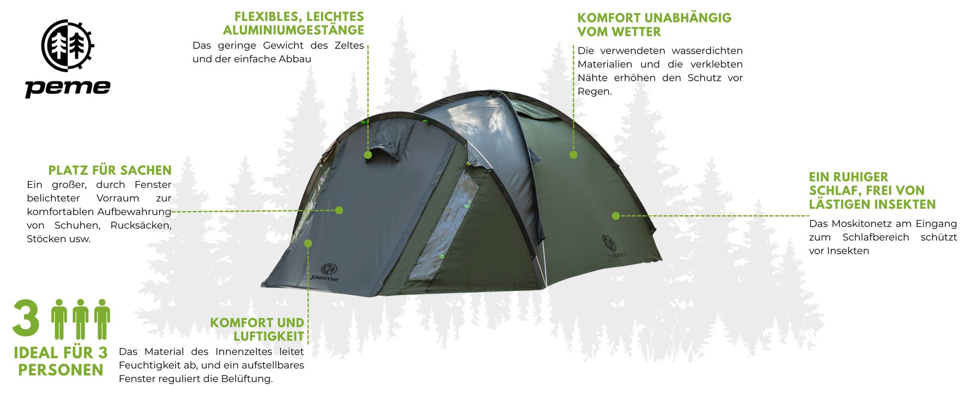 PEME Climate 3 Personen Zelt Campingzelt Trekkingzelt Leicht 3,33 kg - Wasserdicht 3000 mm Alu-Gestänge Kuppelzelt Igluzelt Vorraum Festival Outdoor