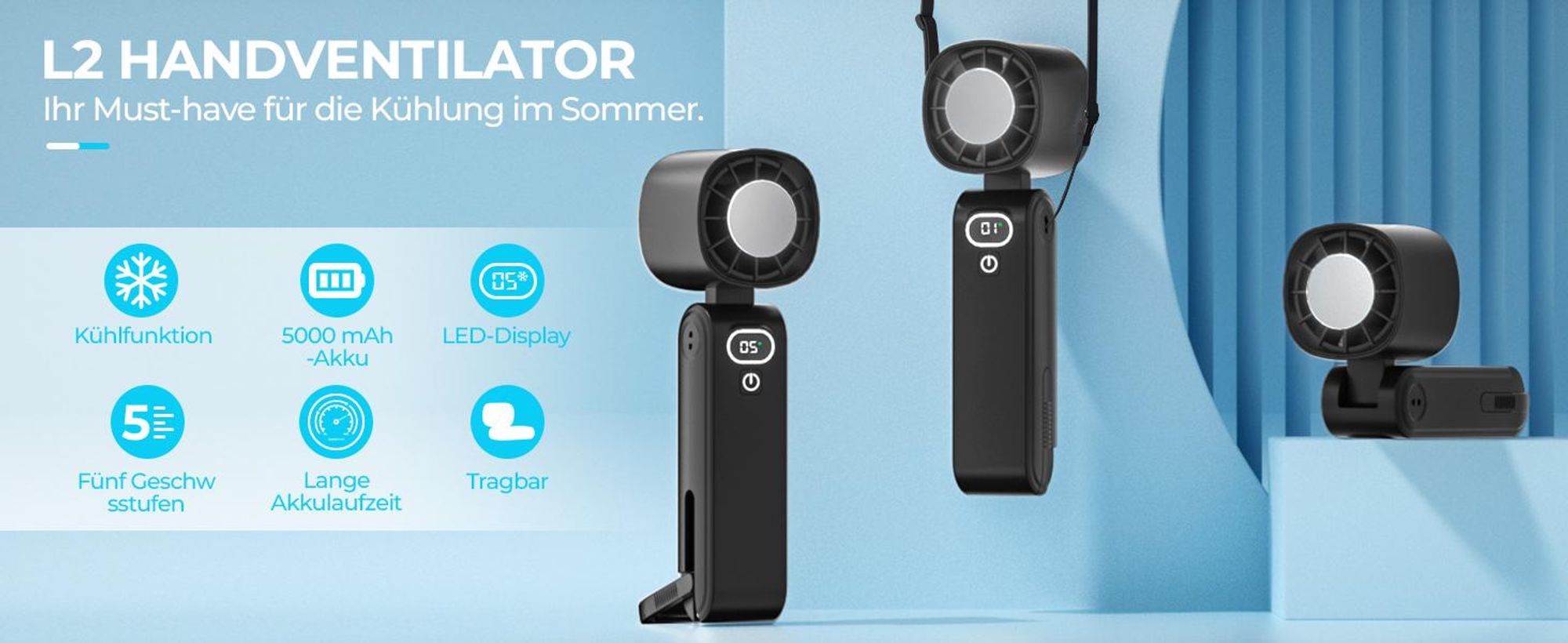 Handventilator, Tragbarer Ventilator, Mini Lüfter, Mini Ventilator, Nackenventilator, 5 Windgeschwindigkeit, mit Kühlfunktion, 5000mAh Akku, Schwarz
