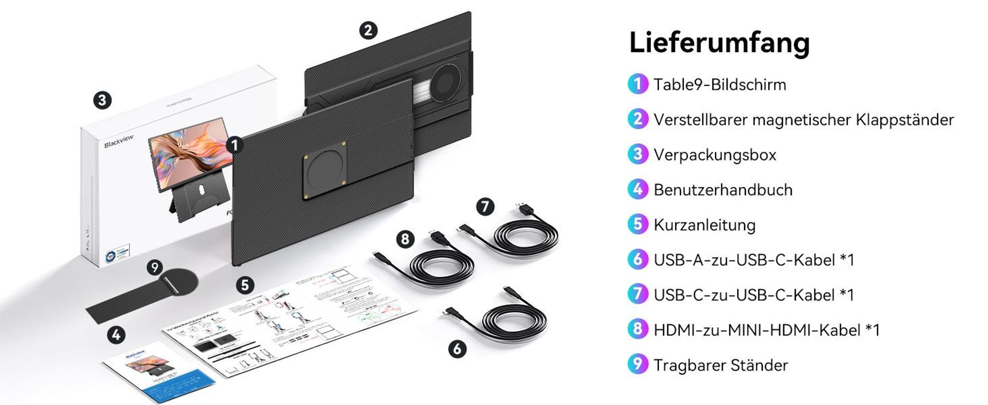 Blackview Table 9 mit Aurabass3 Bluetooth-Box, 16 Zoll FHD tragbarer Monitor, 650g, SÜD , 360° Drehständer, Plug&Play, Kompatibel mit Mac/Win/Android