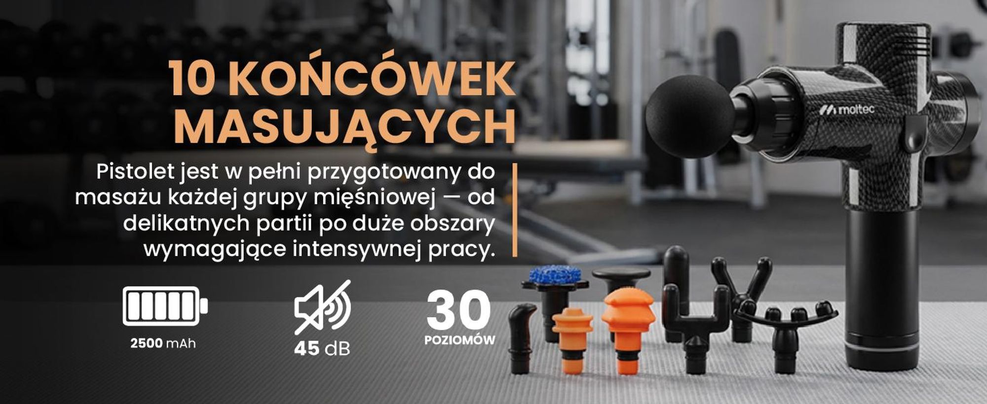 Pistolet do masażu z dziesięcioma nasadkami i dużym akumulatorem