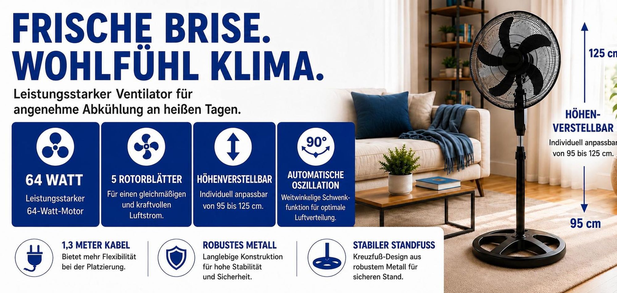 Metall Standventilator 5 Rotorblätter Ventilator Luftkühler Standlüfter 3 Stufen Oszillation Höhenverstellbar Robust 18" Zoll 45cm Schwarz