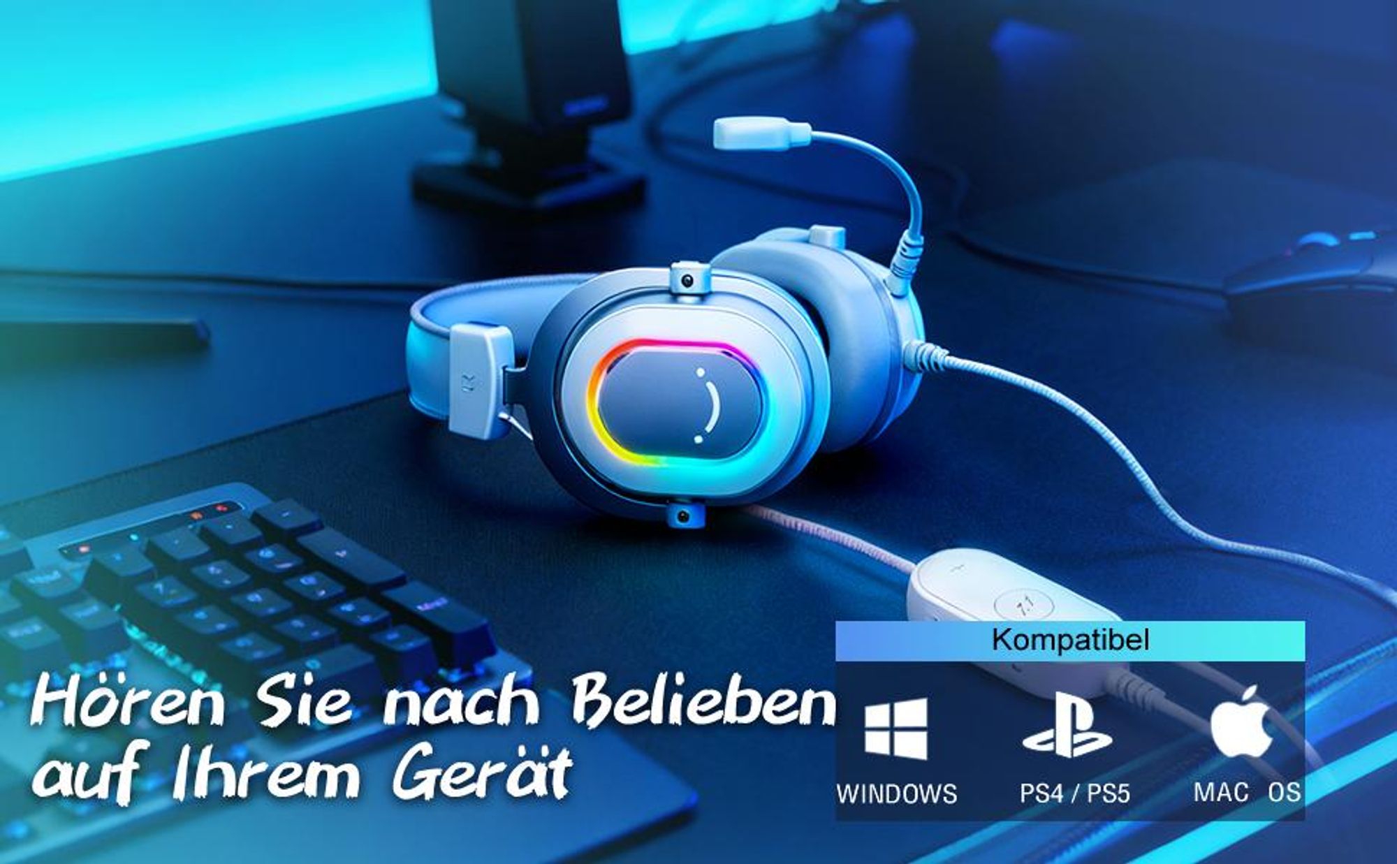 FIFINE Gaming Headset mit Mikrofon Over Ear Kopfhörer mit Kabel USB Headset, Weiß