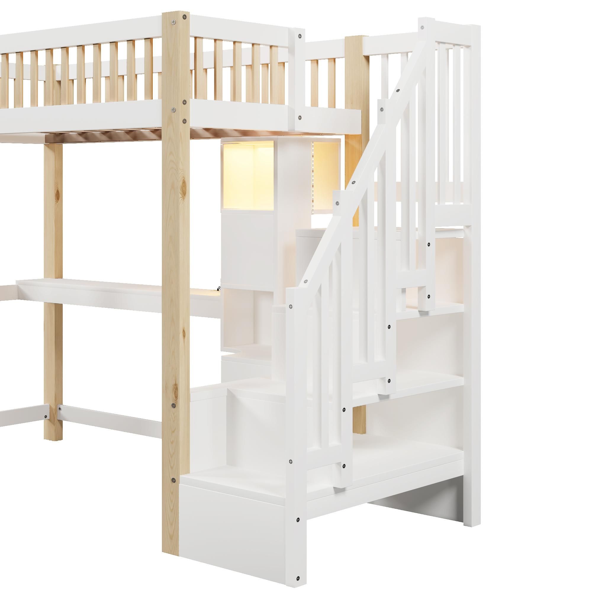 Flieks Etagenbett 90x200cm mit Schreibtisch und Ladefunktion, Kinderbett Hausbett mit Regal, Hochbett Einzelbett mit Led, Stockbett Naturbelassen