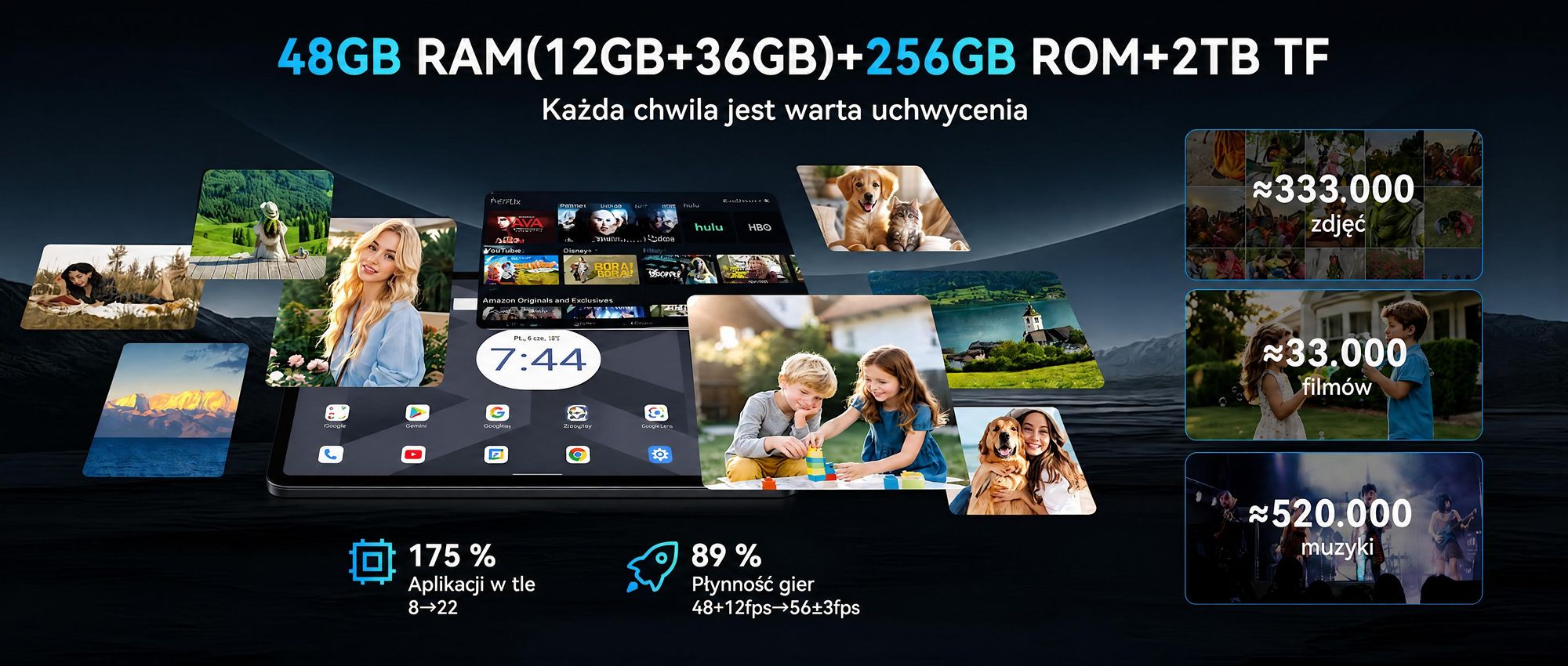 Tablet T60 z systemem Android 16, wyświetlacz 12,2" o rozdzielczości 2,5K, 48 GB pamięci RAM + 256 GB pamięci ROM + możliwość rozbudowy do 2 TB za pomocą karty TF, procesor Octa-Core, bateria 10 000 mAh i sztuczna inteligencja Gemini