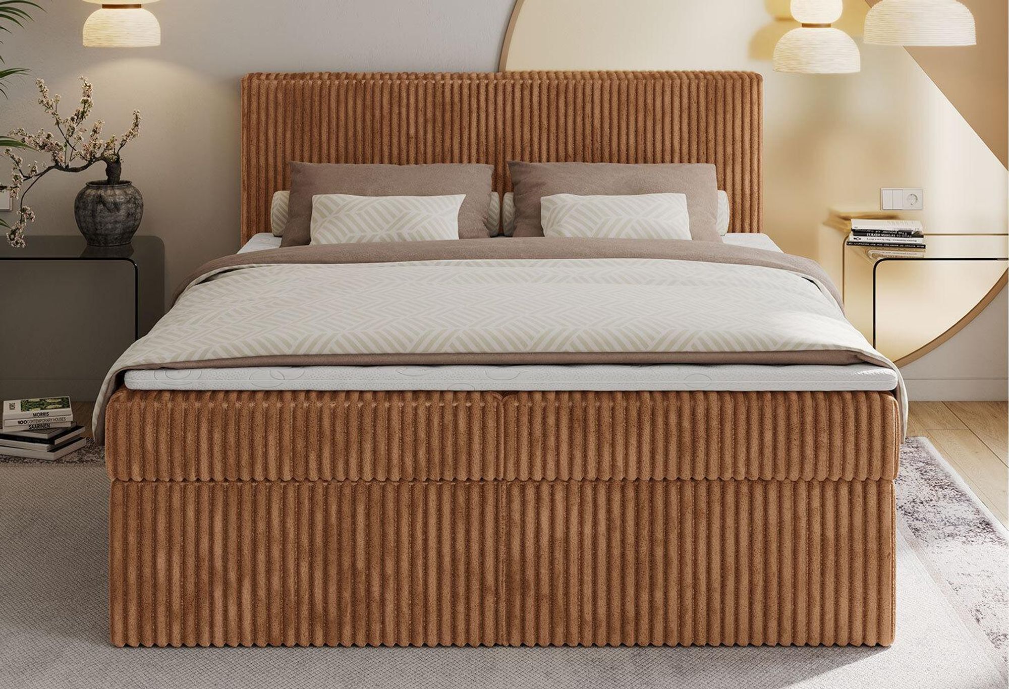 Foto von Boxspringbett. Bett aus orange Cordstoff