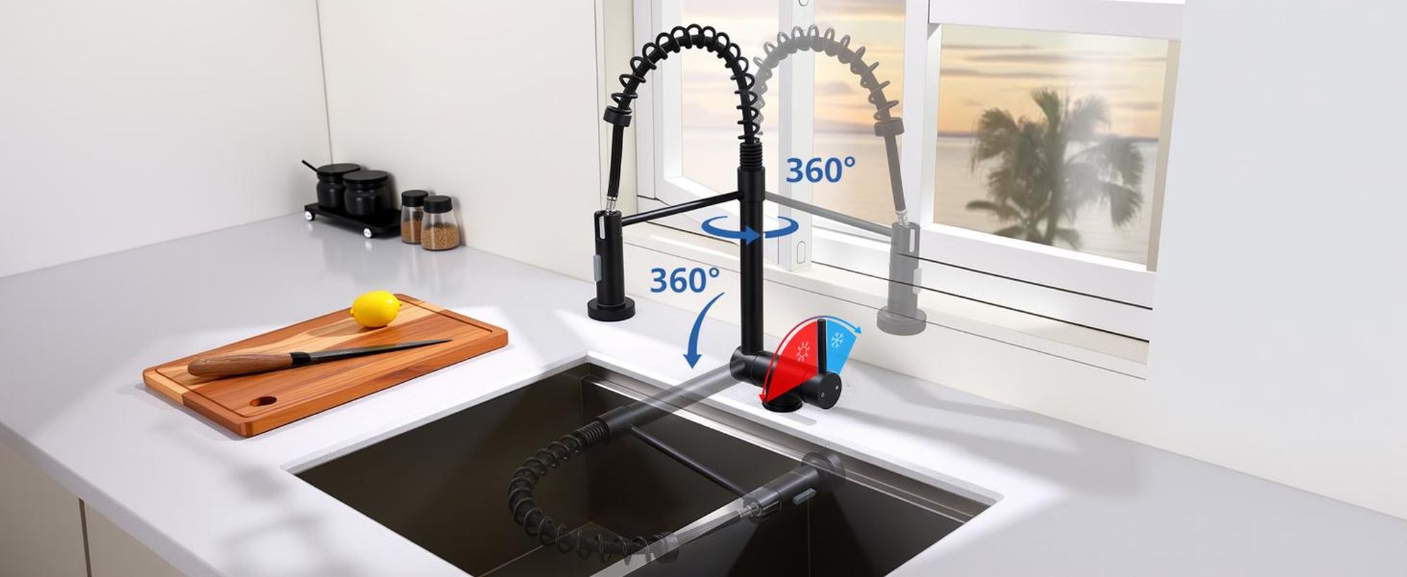 Homelody Vorfenster Küchenarmatur Klappbar, 90° Faltbar 360° Drehbare Hochdruck Edelstahl Wasserhahn Küche mit Brause Ausziehbar 2 Strahlarten Schwarz