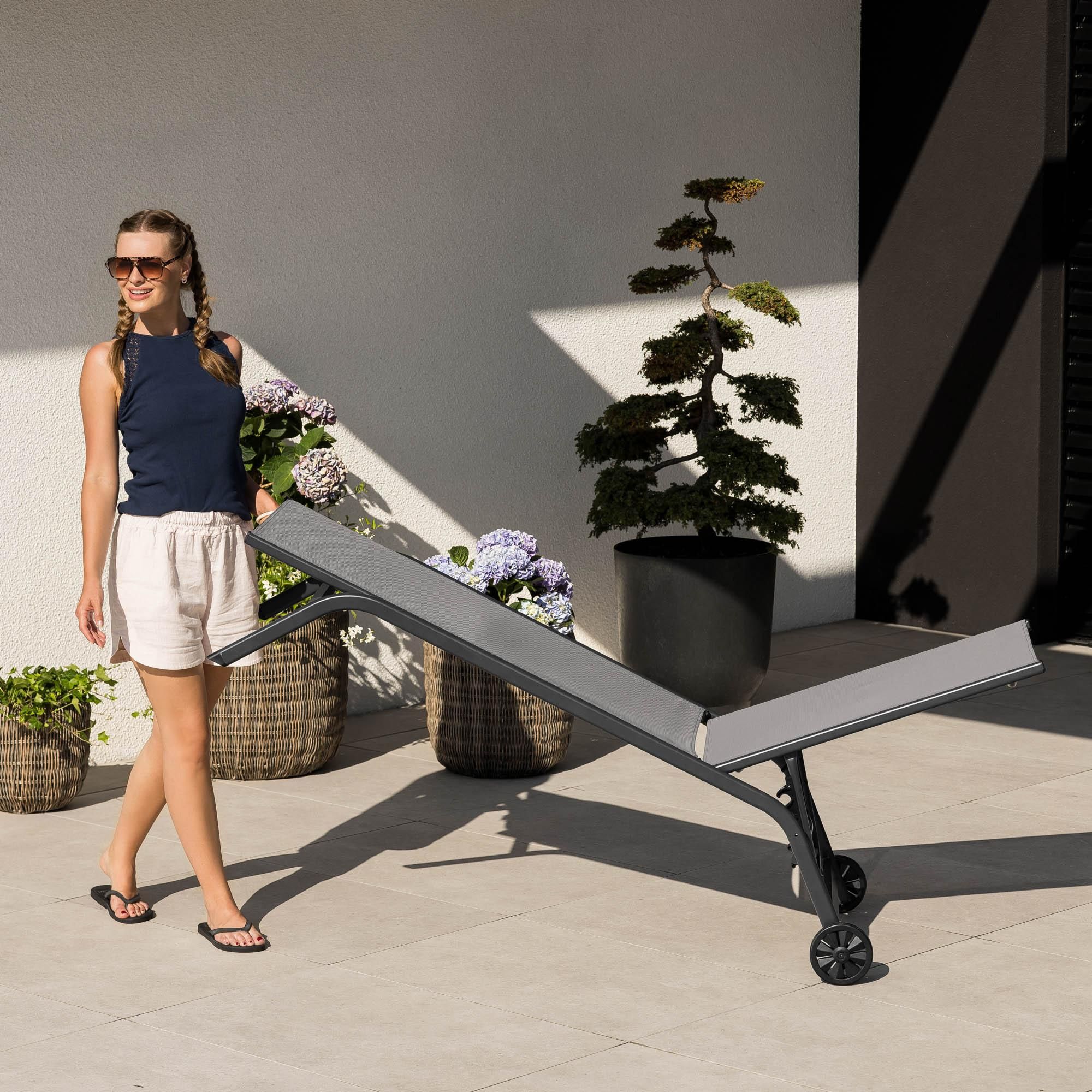 di volio Sonnenliege MEAPOL – grau, klappbare Gartenliege mit Rollen, wetterfest & verstellbar, ideal für Garten und Terrasse