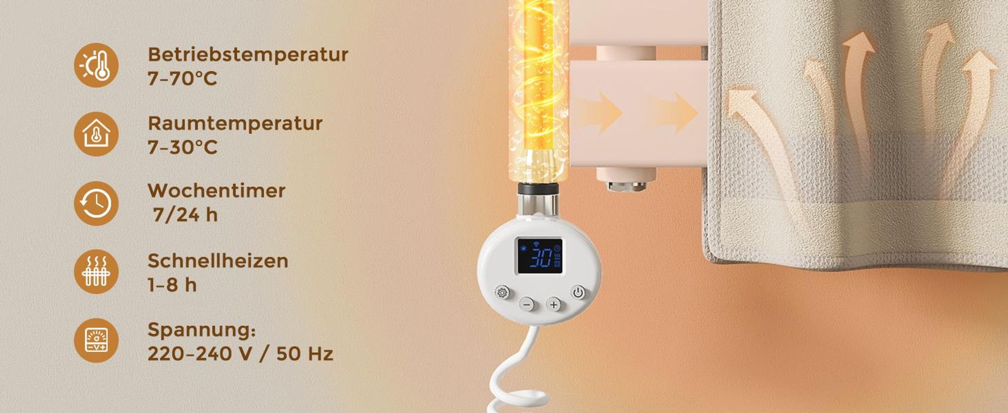 S’AFIELINA Heizstab mit Thermostat 300W, programmierbarer Timer & LCD-Anzeige, WiFi, für Badheizkörper, Edelstahl, intelligente Steuerung, Weiß