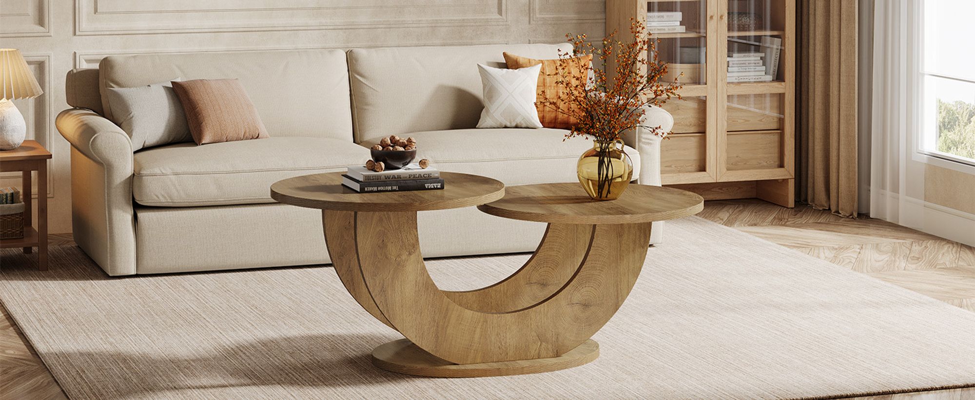 Tribesigns Runde Couchtisch, 2-Tier Couchtisch mit U-förmigen Rahmen, Moderne Akzent Mitte Tisch Sofa Beistelltisch für Wohnzimmer, Home Office, Natur