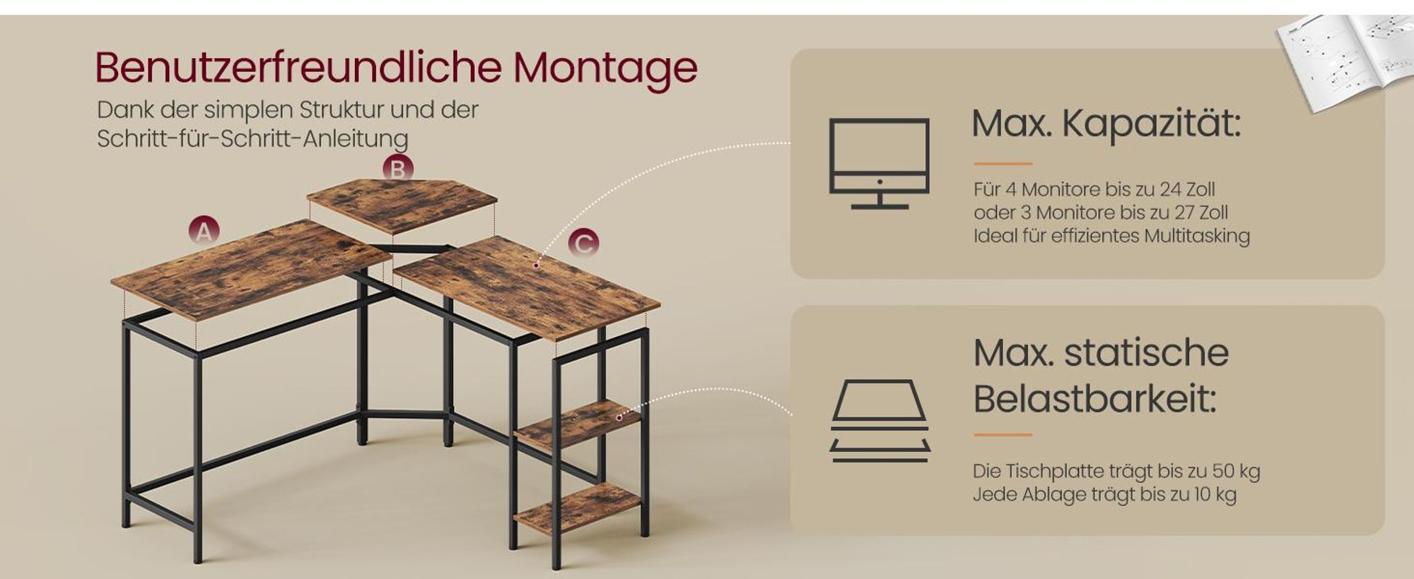 VASAGLE Schreibtisch L-förmiger Computertisch Eckschreibtisch mit 2 Ablagen LWD72X