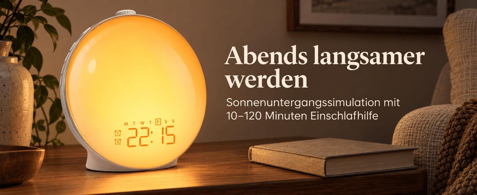 Tageslicht Wecker Licht,Wecken Sie das Licht auf,Sonnenuntergangssimulation,9 Farbe Licht 20 Helligkeit Nachtlampe,Rotationstaste,Dualer Alarmmodus