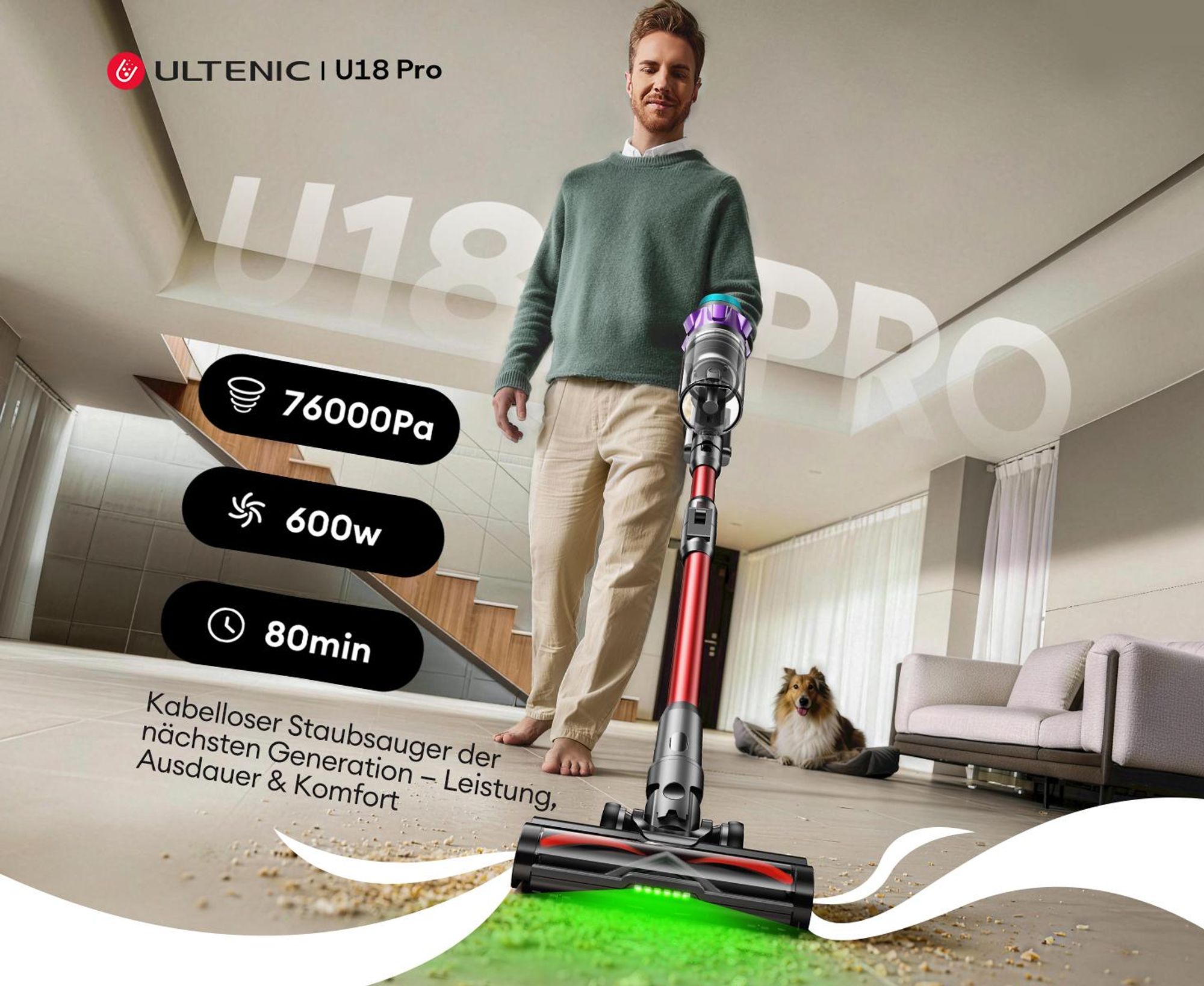 Ultenic UP18 Kabelloser Staubsauger, 76000Pa/600W/bis zu 80 Min Akkustaubsauger mit 6-Schicht HEPA Filter, Haustierfreundlich für Teppich & Hartboden
