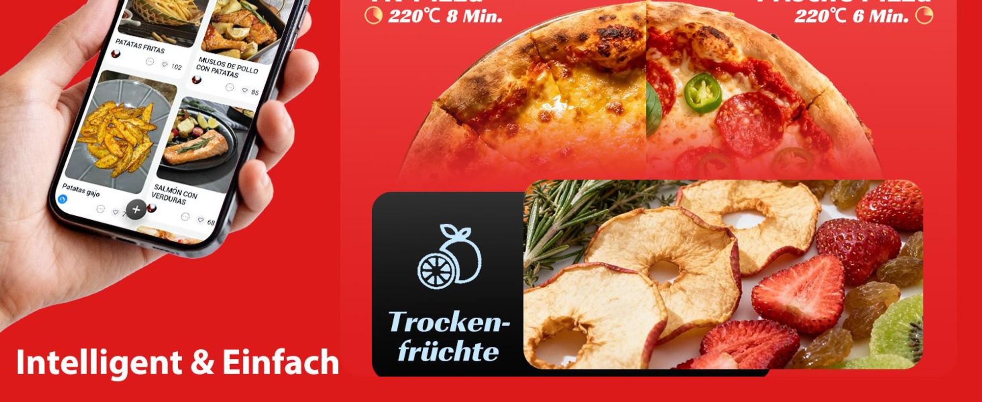 Aigostar Heißluftfritteuse XL 745 cm² Garfläche, Pizzafunktion, Doppelheizung, Sichtfenster, 11 Programmen 2200 W leiser, Extra-Crisp Technologie