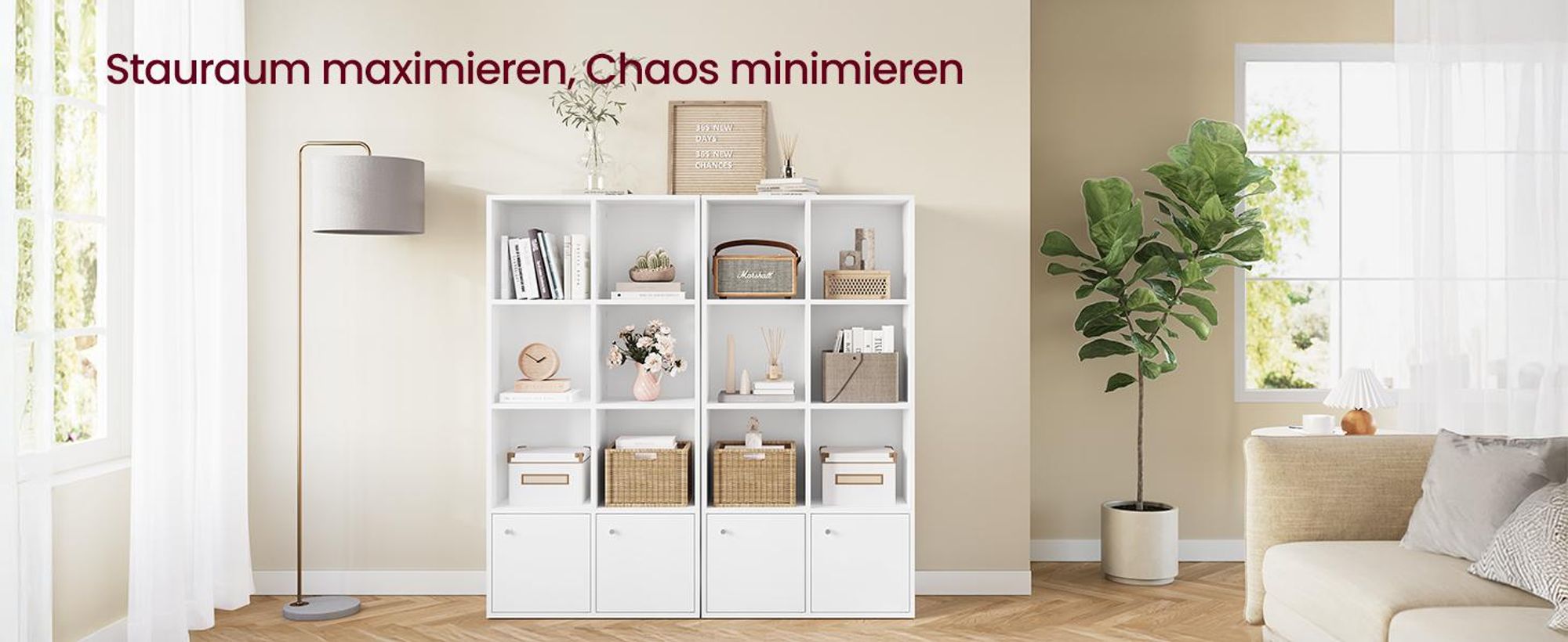 VASAGLE Regal mit Türen, 4-stöckiges Standregal, Aufbewahrungsregal für Wohnzimmer, Homeoffice, 2 Fächer, weiß
