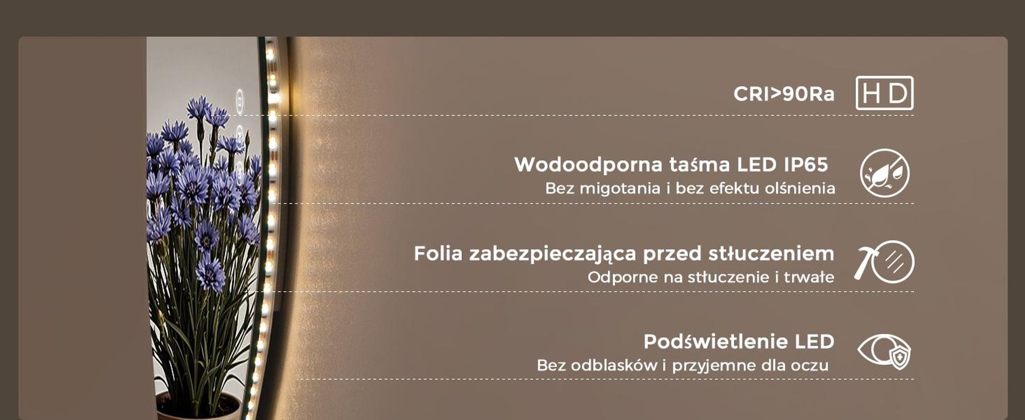 S'AFIELINA Lustro Łazienkowe LED 60 x 70 cm, Podświetlane, Bez Ramy, 3 barwy światła, regulacja jasności, anti-fog i pamięć. Montaż poziomy/pionowy.